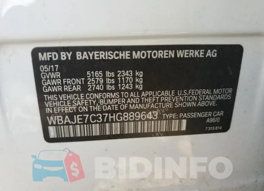 WBAJE7C37HG889643 Photo# 12
