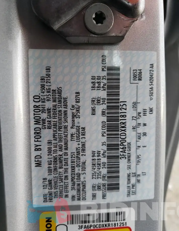 3FA6P0CDXKR181251 Photo# 12