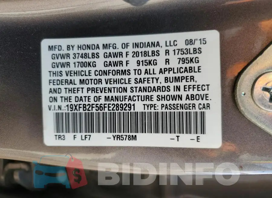19XFB2F56FE289291 Photo# 12