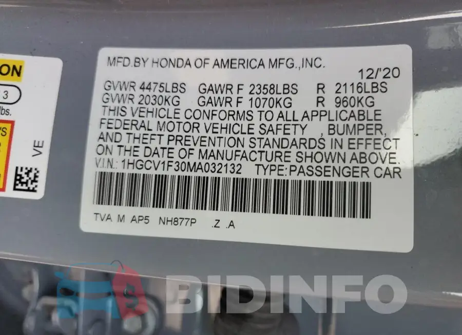 1HGCV1F30MA032132 Photo# 12