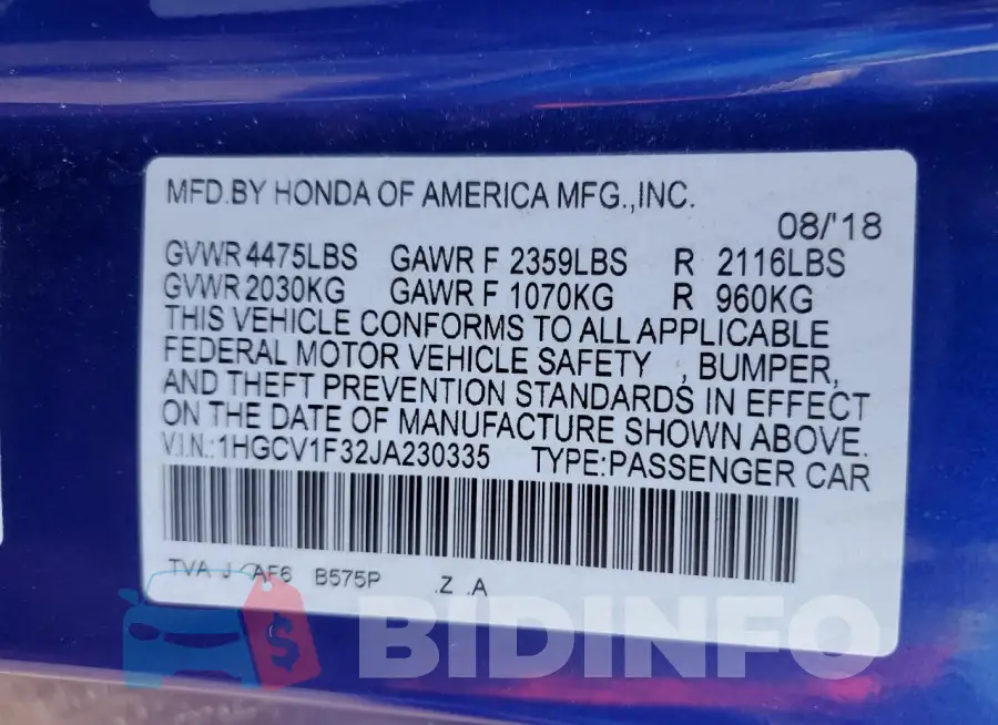 1HGCV1F33JA320335 Photo# 13