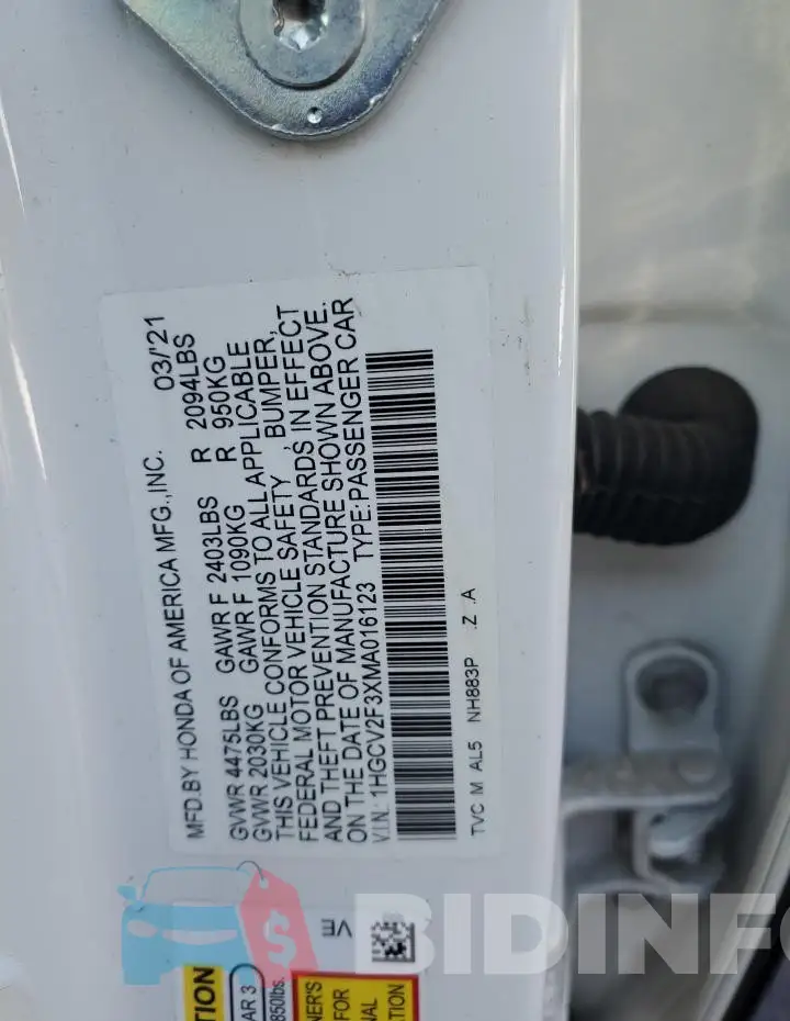 1HGCV2F3XMA016123 Photo# 13