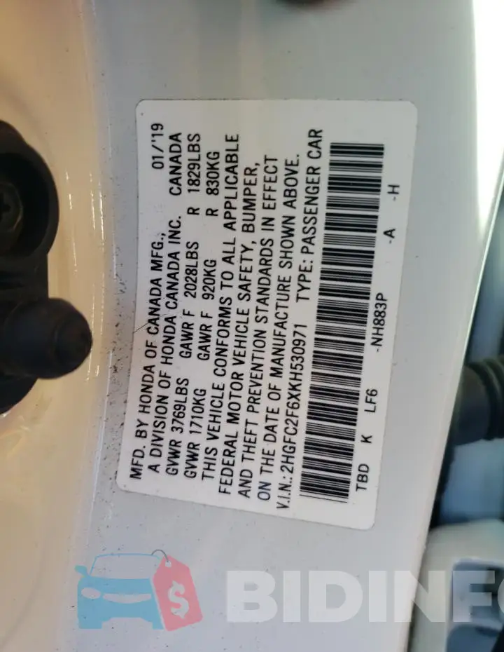 2HGFC2F6XKH530971 Photo# 12