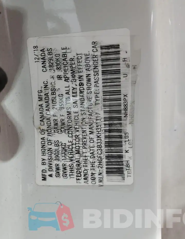 2HGFC3B33KH351317 Photo# 13
