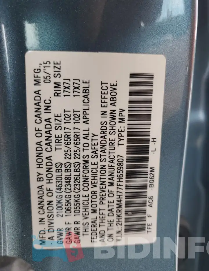2HKRM4H77FH659807 Photo# 14
