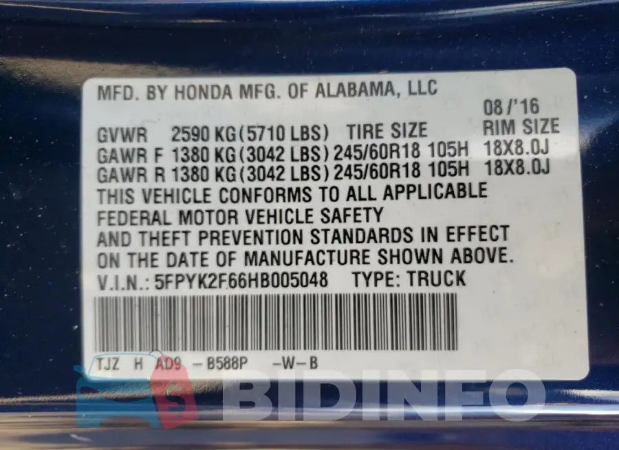 5FPYK2F66HB005048 Photo# 12