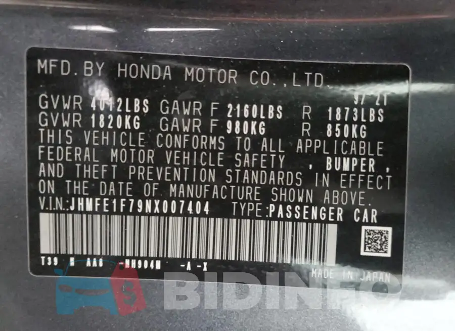 JHMFE1F79NX007404 Photo# 12