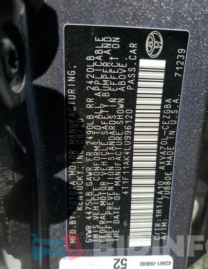 4T1F11AK4LU996120 Photo# 12