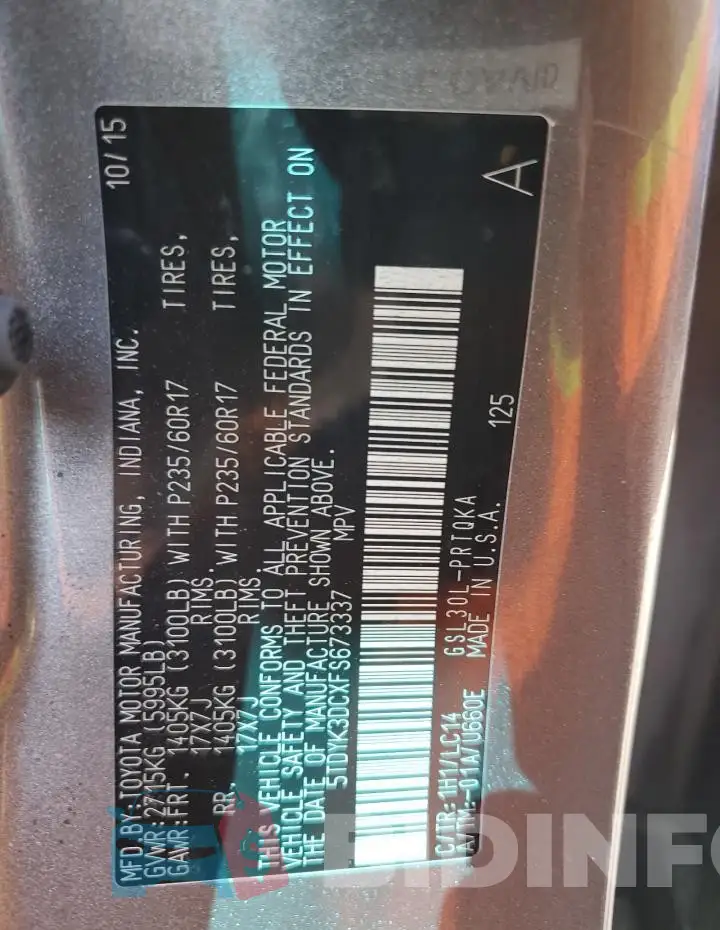 5TDYK3DCXFS673337 Photo# 13
