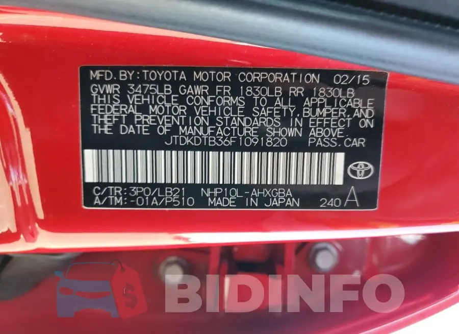 JTDKDTB36F1091820 Photo# 13
