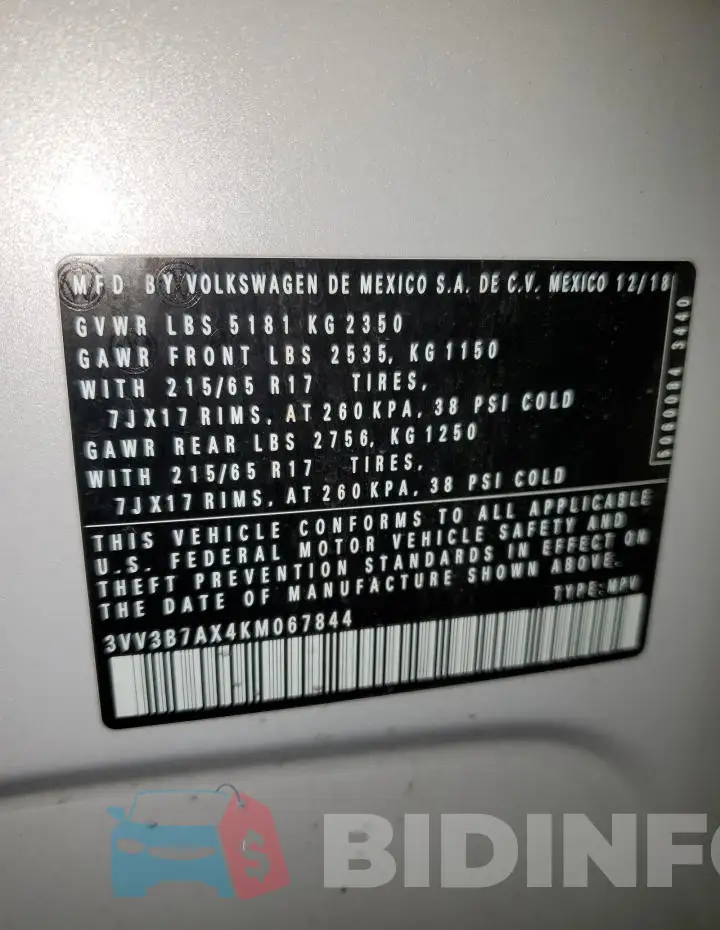 3VV3B7AX4KM067844 Photo# 13