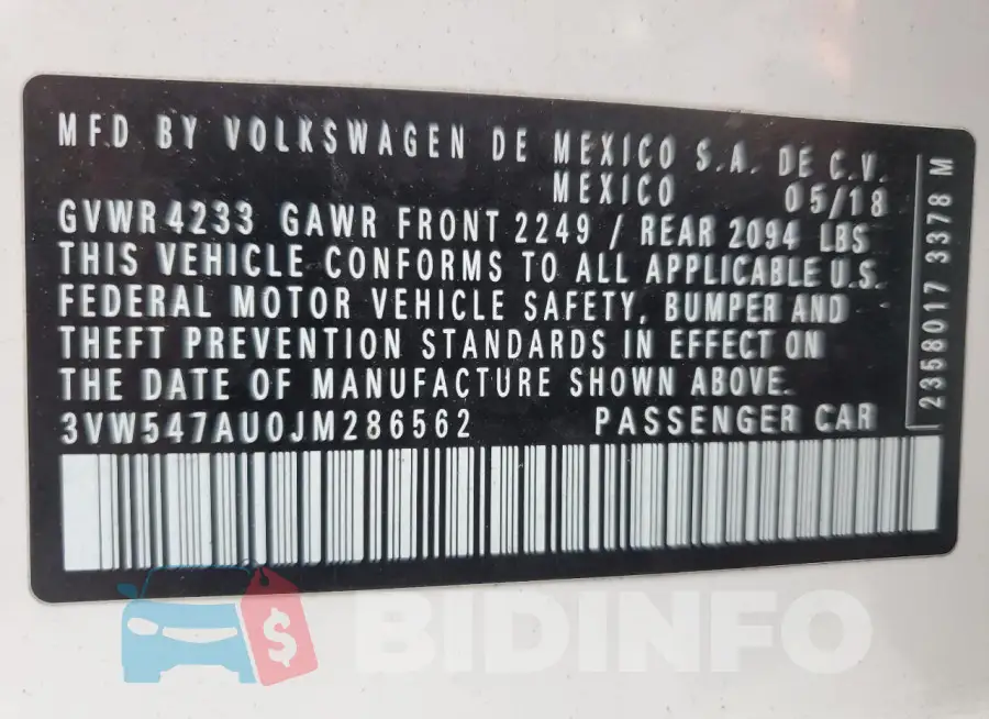 3VW547AU0JM286562 Photo# 14