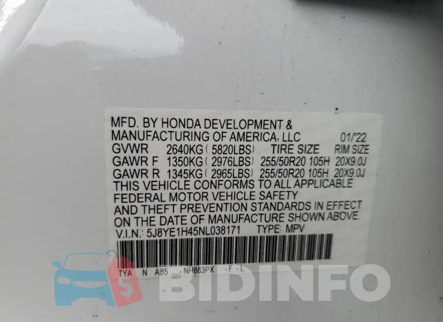 5J8YE1H45NL038171 Photo# 13
