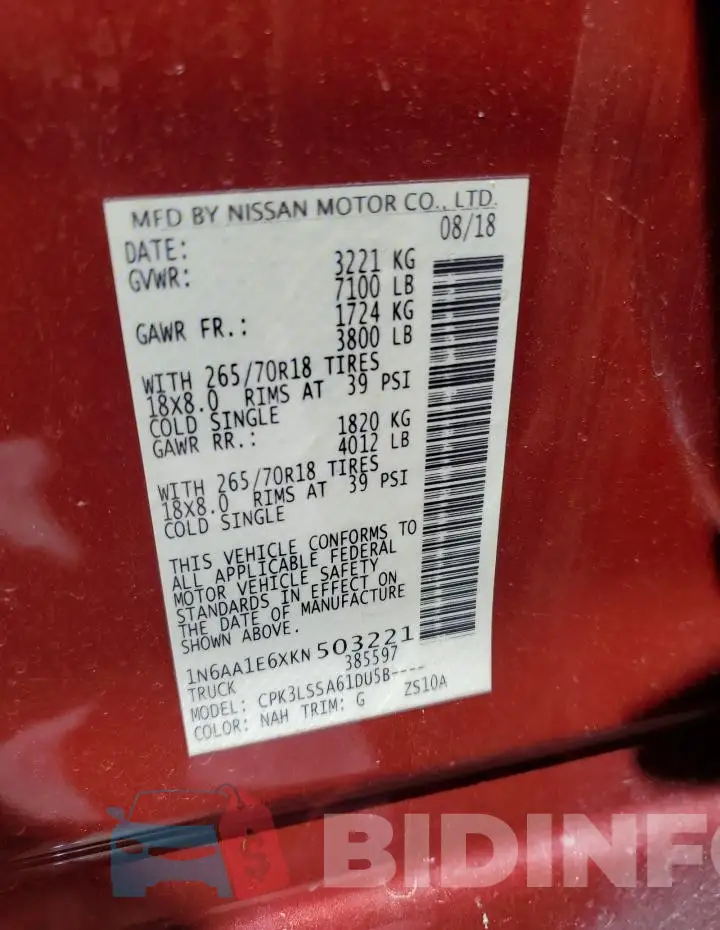 1N6AA1E6XKN503221 Photo# 12