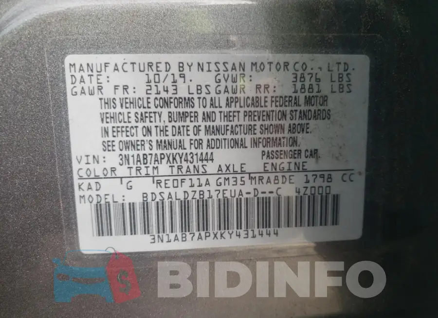 3N1AB7APXKY431444 Photo# 12