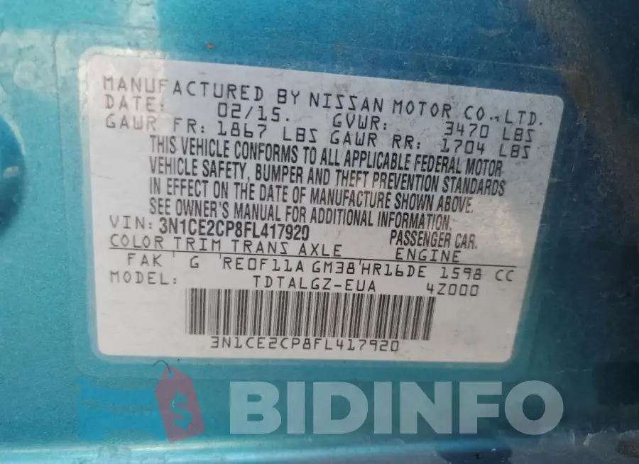 3N1CE2CP8FL417920 Photo# 13