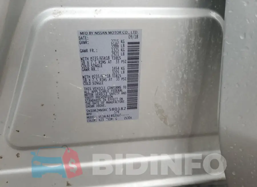 5N1DR2MN6KC580182 Photo# 12