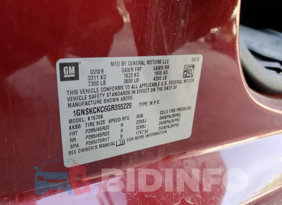 1GNSKCKC6GR355229 Photo# 13