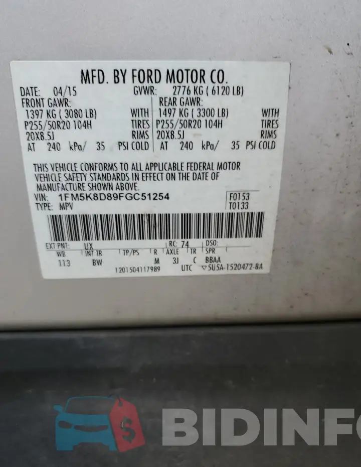 1FM5K8D89FGC51254 Photo# 13
