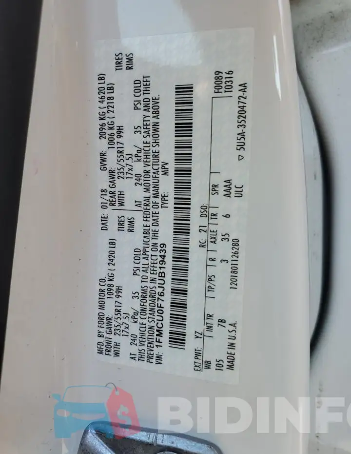1FMCU0F76JUB19439 Photo# 13