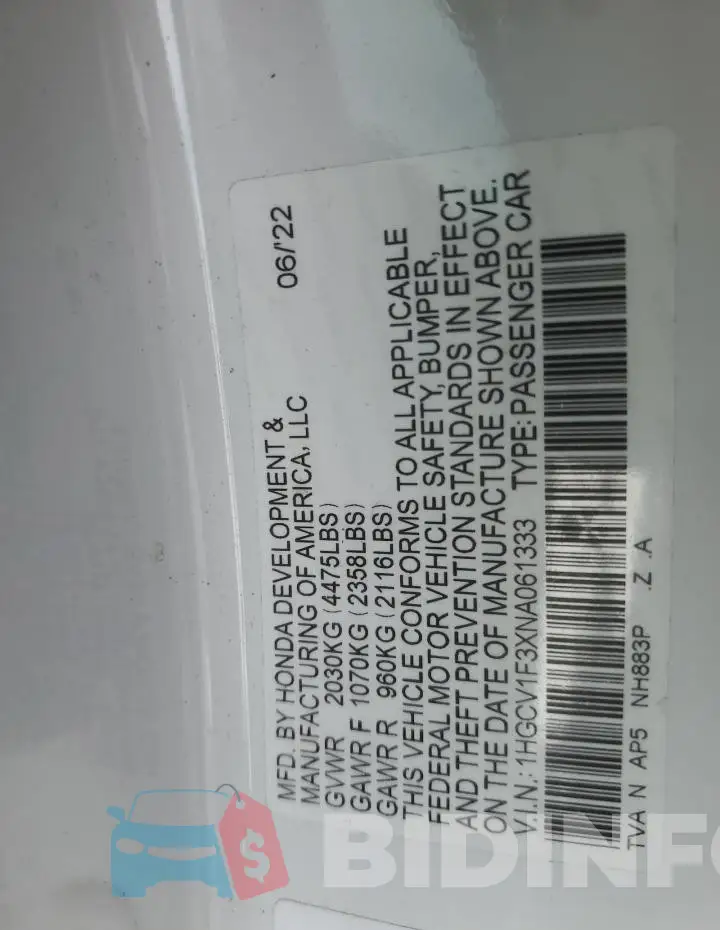 1HGCV1F3XNA061333 Photo# 12