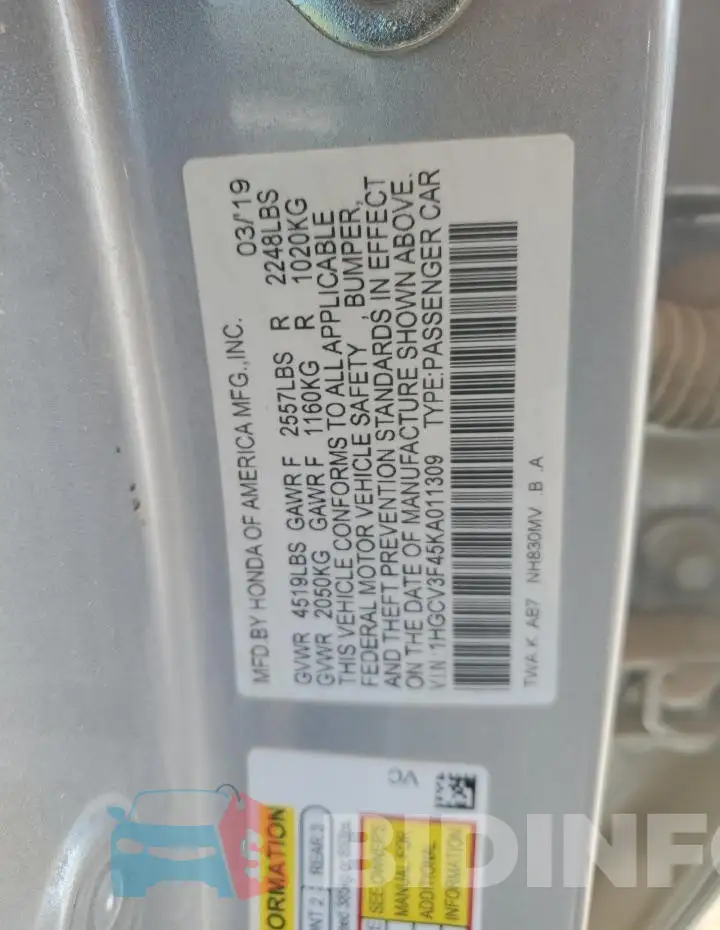 1HGCV3F45KA011309 Photo# 12