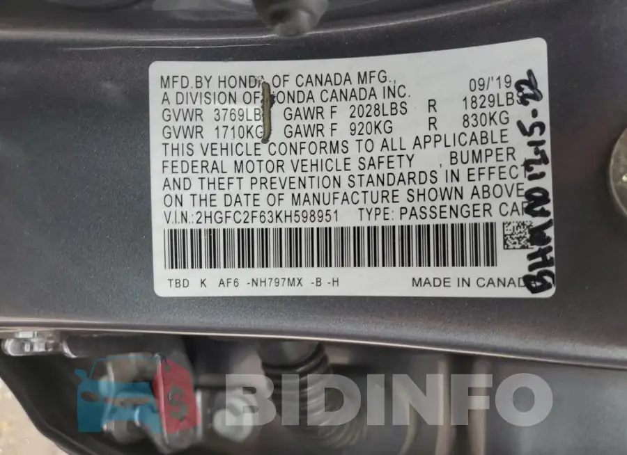 2HGFC2F63KH598951 Photo# 12