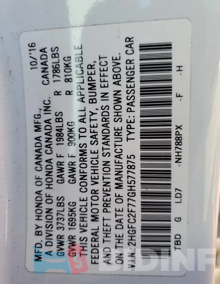 2HGFC2F77GH577875 Photo# 12
