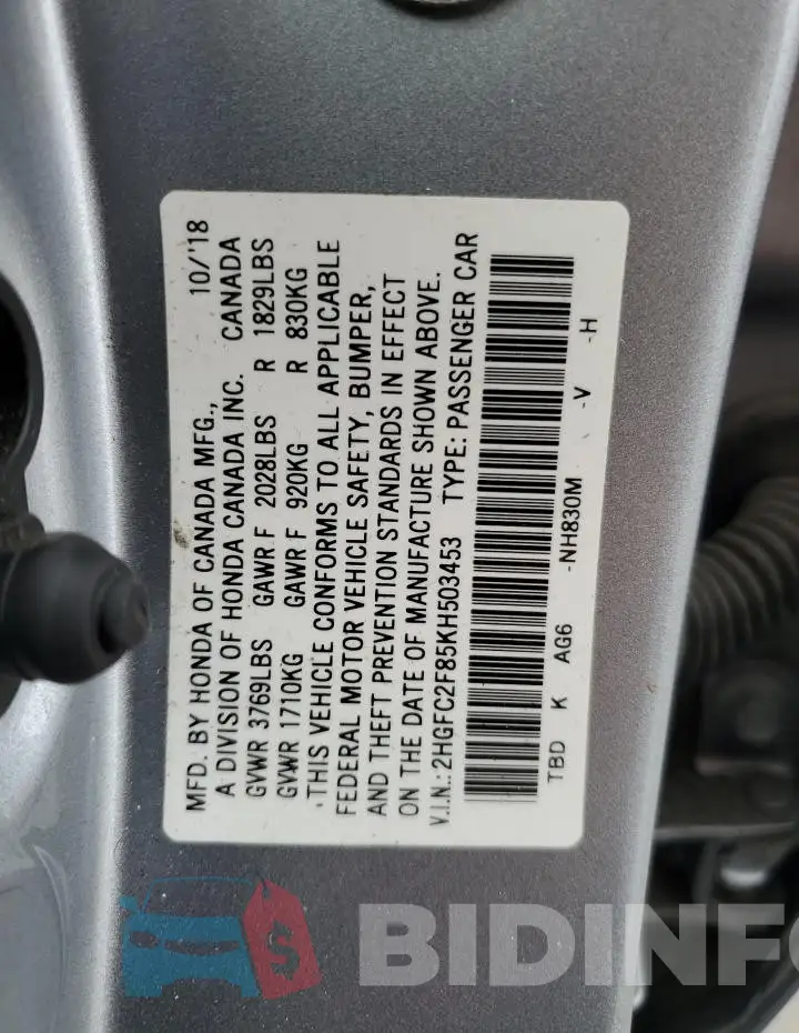 2HGFC2F85KH503453 Photo# 12