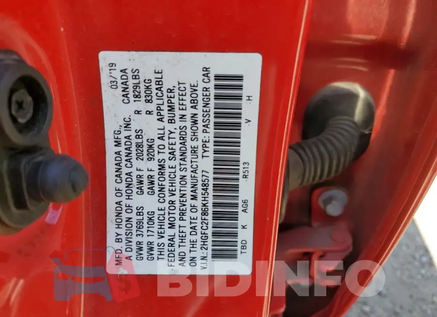 2HGFC2F86KH548577 Photo# 13