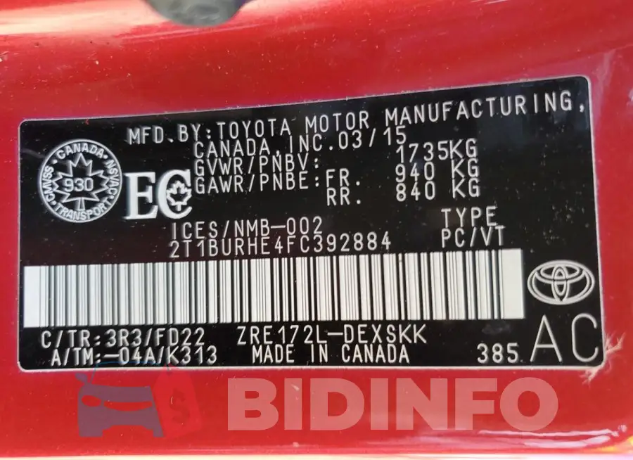 2T1BURHE4FC392884 Photo# 13
