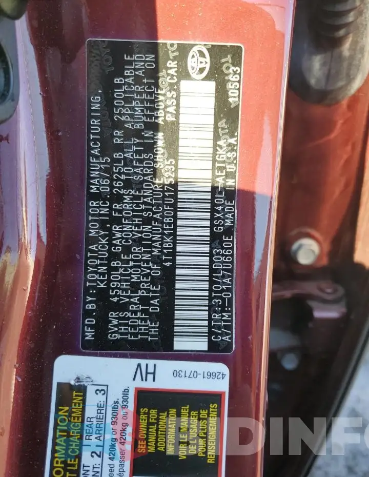 4T1BK1EB0FU175235 Photo# 12