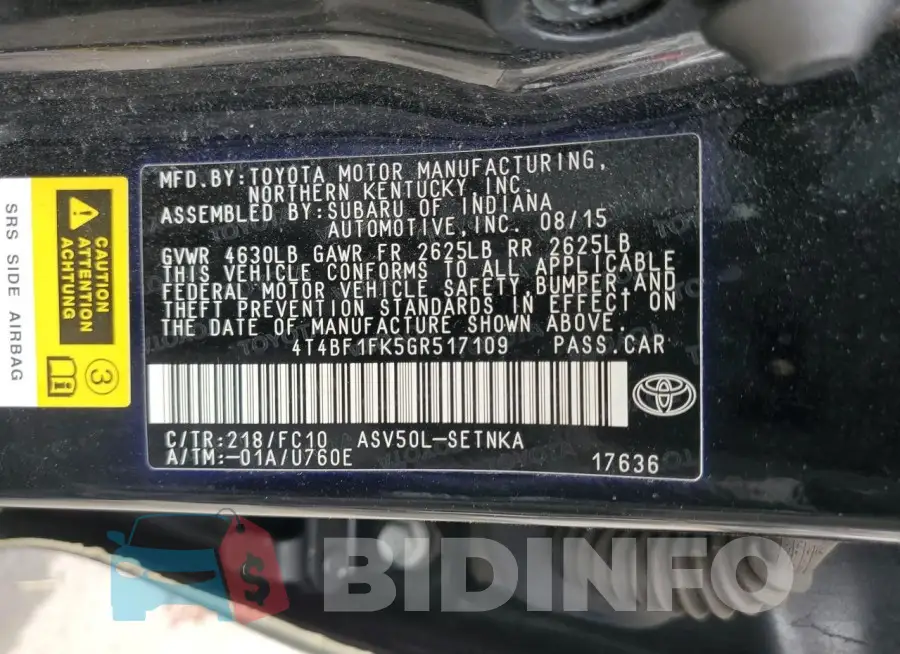 4T4BF1FK5GR517109 Photo# 12