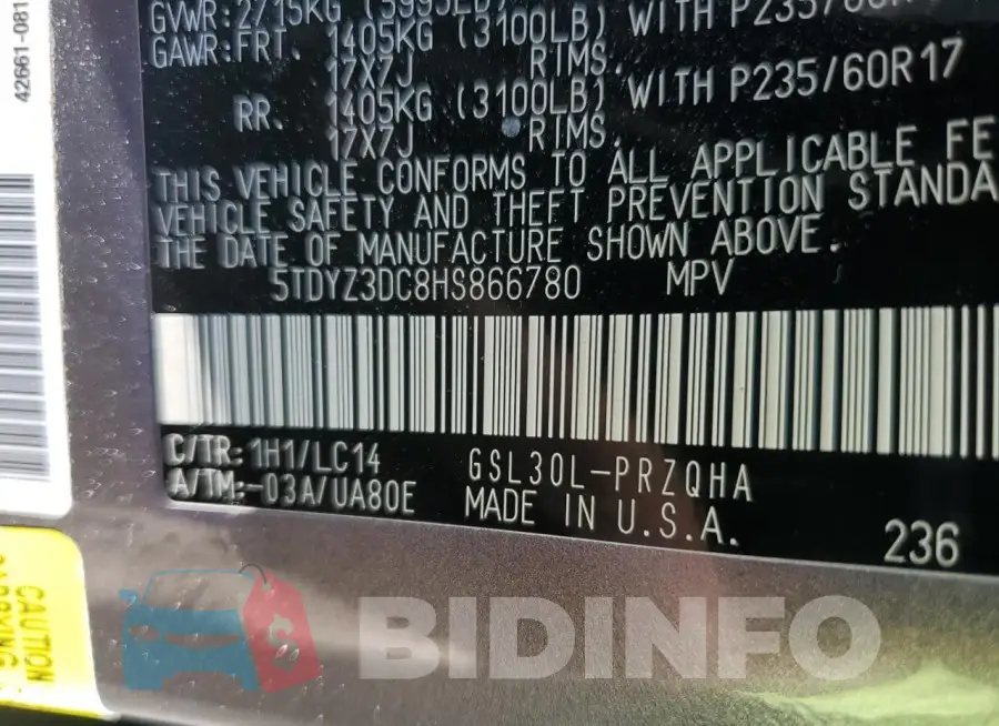 5TDYZ3DC8HS866780 Photo# 14