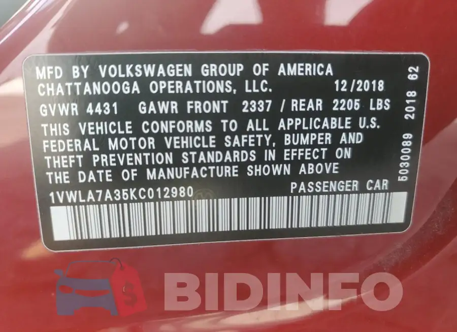 1VWLA7A35KC012980 Photo# 12