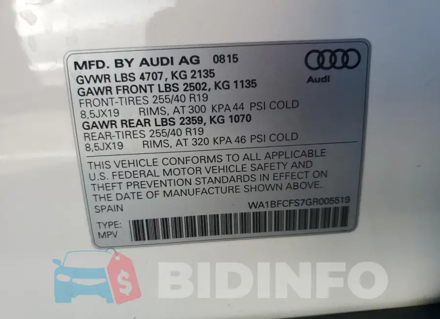 WA1BFCFS7GR005519 Photo# 14