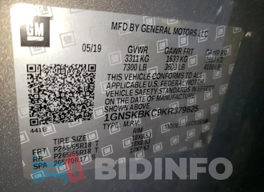 1GNSKBKC9KR379625 Photo# 13