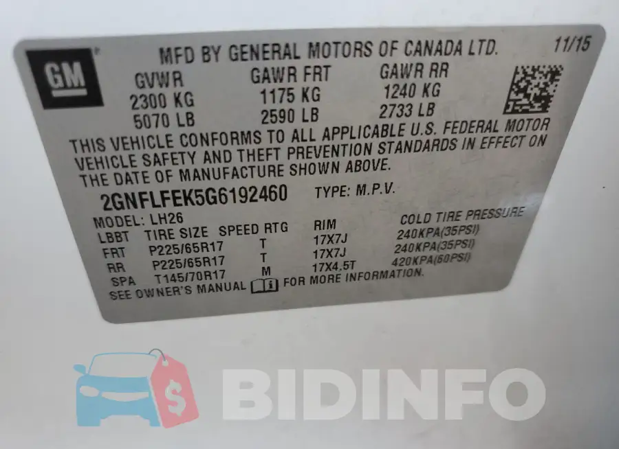 2GNFLFEK5G6192460 Photo# 13