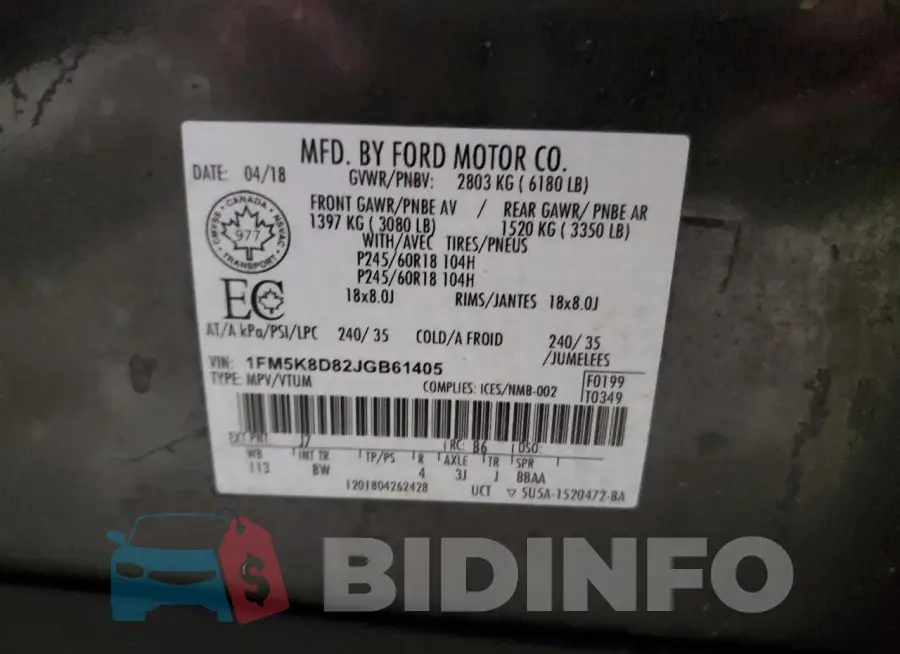 1FM5K8D82JGB61405 Photo# 13
