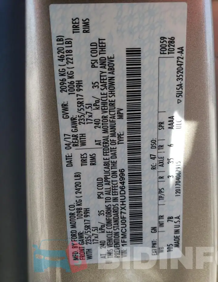 1FMCU0F7XHUD64996 Photo# 14
