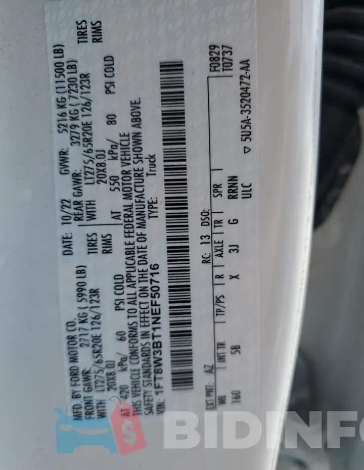 1FT8W3BT1NEF50716 Photo# 12