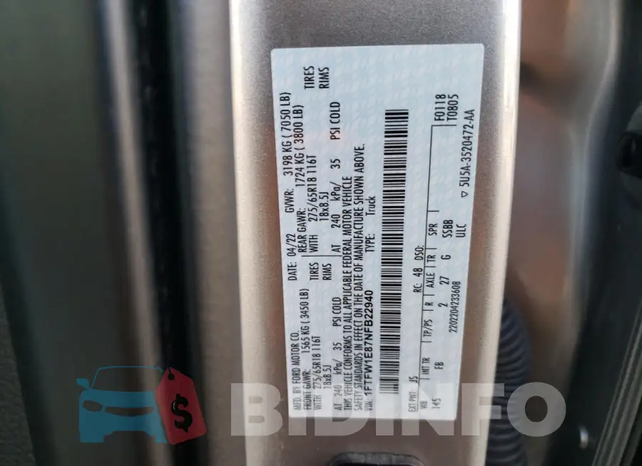 1FTFW1E87NFB22940 Photo# 12