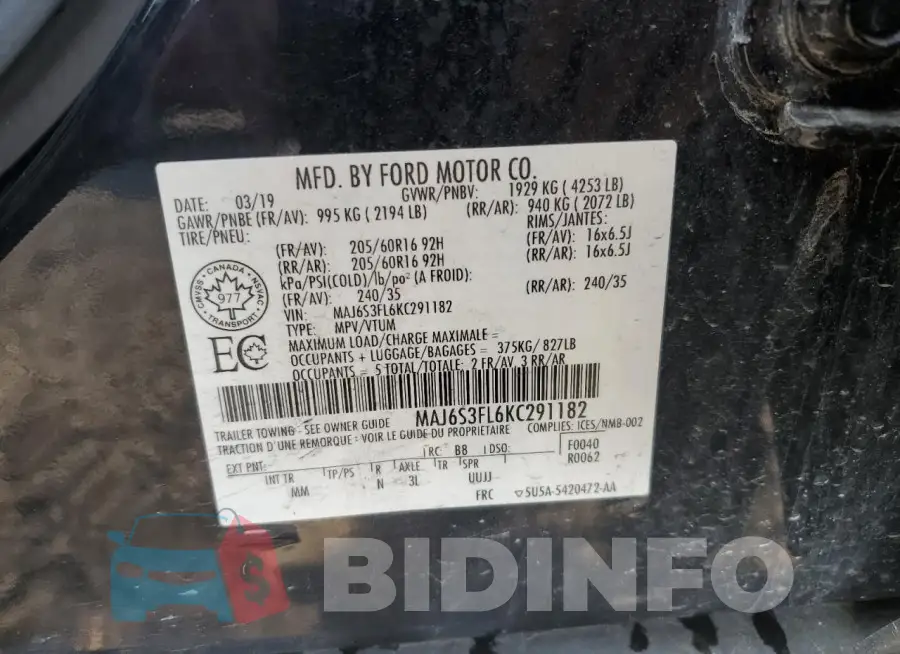 MAJ6S3FL6KC291182 Photo# 14