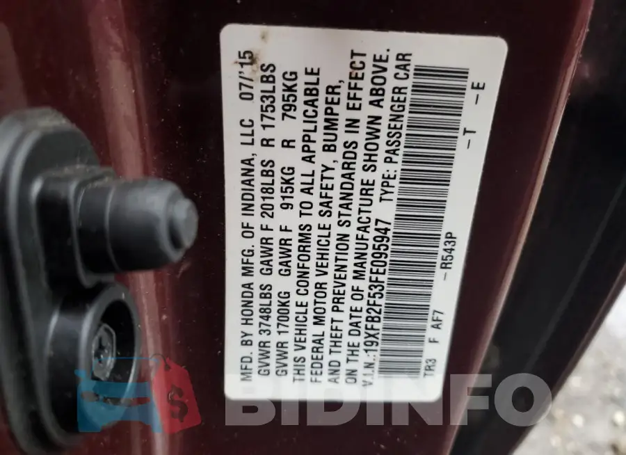 19XFB2F53FE095947 Photo# 12
