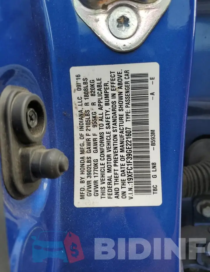 19XFC1F39GE221607 Photo# 13