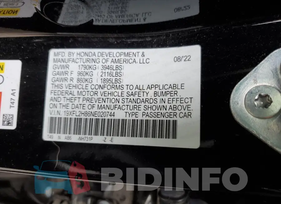 19XFL2H86NE020744 Photo# 13