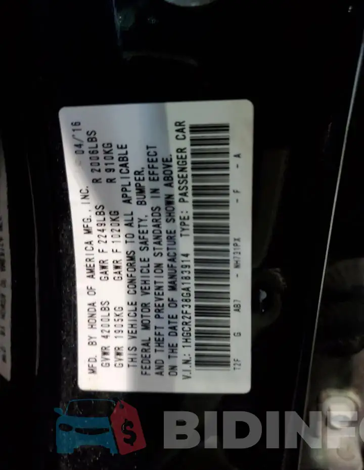 1HGCR2F38GA183914 Photo# 12