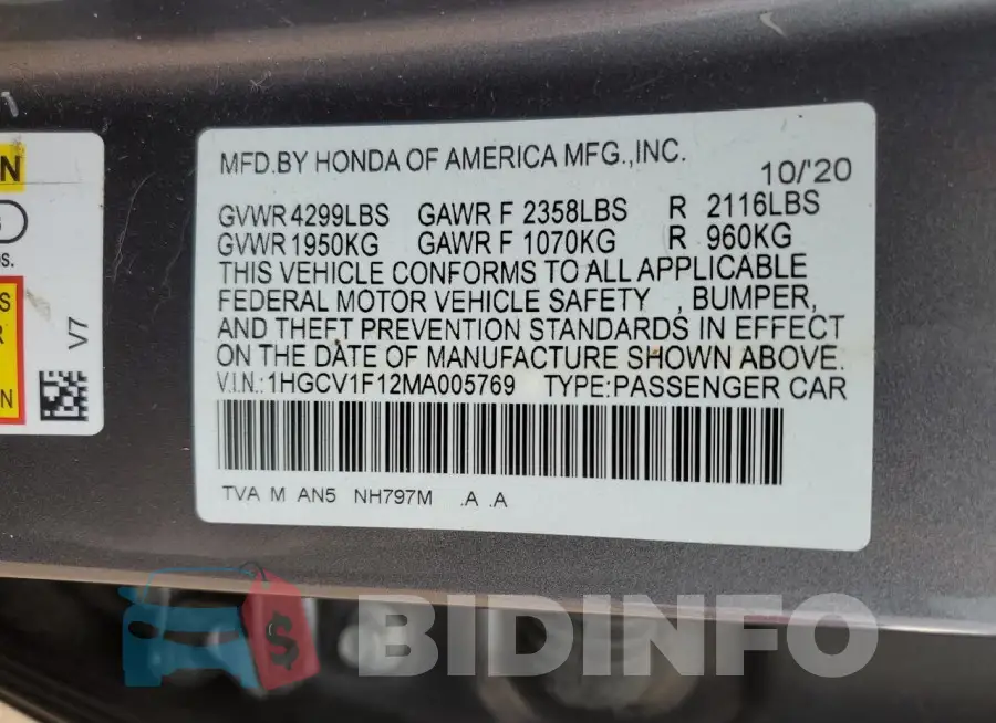 1HGCV1F12MA005769 Photo# 12