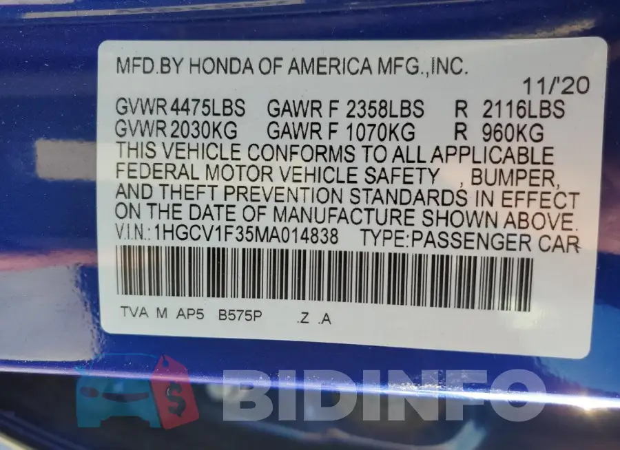 1HGCV1F35MA014838 Photo# 13