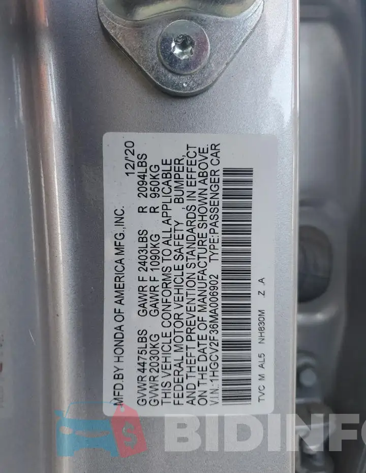 1HGCV2F36MA006902 Photo# 12